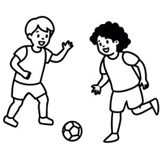Children playing a game of football on a grassy field in a black and white illustration