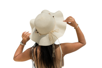 Woman in swimsuit wear sun hat isolated on transparent background, PNG File