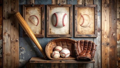 A vintage baseball bat, glove, and balls displayed on a rustic wooden shelf with framed baseball art on a wooden wall, evoking a sense of nostalgia.