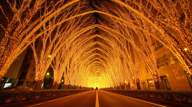 Spectacular Tunnel of Golden Illuminated Trees at Sendai Pageant of Starlight Japan Winter Festival Creating Mesmerizing Bright Pathway of Lights