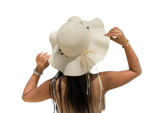 Woman in swimsuit wear sun hat isolated on transparent background, PNG File