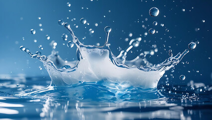 Dynamic water splash with droplets dispersed against clean blue background