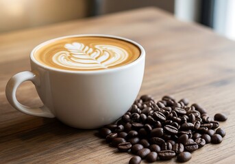 Artistic cappuccino presentation on wooden table with roasted beans