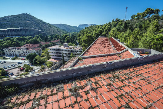 Kupari, Croatia - August 27, 2015: Roof of Goricina Hotel in so called Bay of Abandoned Hotels in Kupari