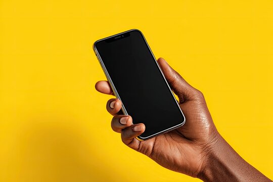 Smartphone held in hand against a bright yellow background (1)
