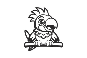 Cute Cartoon Parrot Icon With Simple Line Art Style on White Background