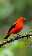 Vibrant red bird perched on a branch in a lush green forest