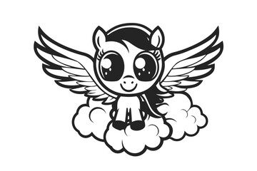 Cute Cartoon Pegasus Pony Character on Cloud in Black and White Style