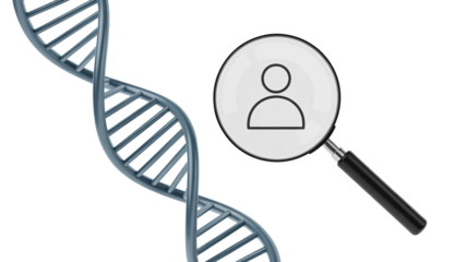 DNA helix research with magnifying glass and person icon