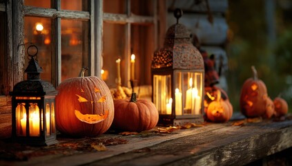 Obraz premium Halloween pumpkins and lanterns on a windowsill