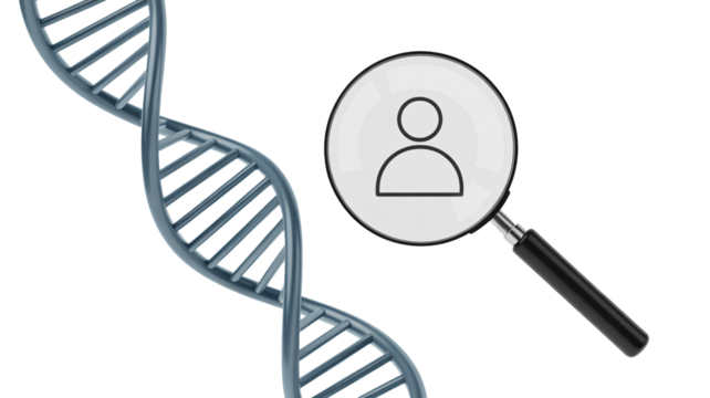 DNA helix research with magnifying glass and person icon