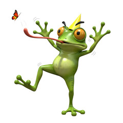 Whimsical frog playfully reaching for a colorful butterfly against a dark backdrop