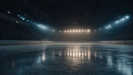 Empty ice hockey arena, dark, lit spotlights