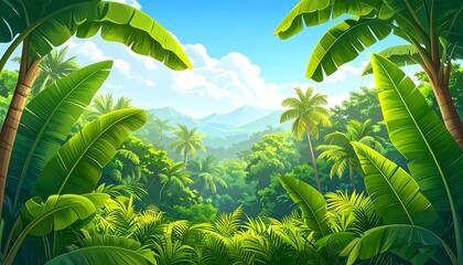 Lush, verdant depiction of a tropical jungle. Towering trees frame a vibrant landscape, with sunlight peeking through a clear sky dotted with clouds. Rich, saturated greens dominate the scene