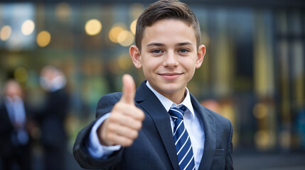 A young boy in a suit gives a thumbs up, showing confidence and success. Positive and bright, this image conveys a sense of achievement.