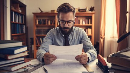 A senior man sits at a wooden table, looking worried as he reviews bills and financial documents next to a laptop. Natural light fills the modern living area.