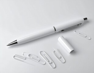 Fototapeta premium White pen and paperclips on white background