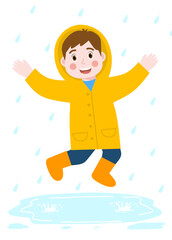 Happy boy in a yellow raincoat jumping and playing in the rain. Children’s activity illustration for rainy season theme.