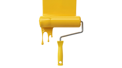 Vibrant yellow paint drips from roller tool, ready for home improvement