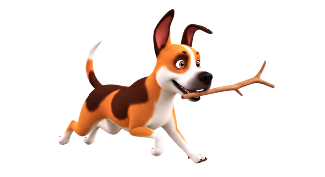 playful 3d model joyful cartoon dog running with stick, adorable animation asset, isolated on transparent background
