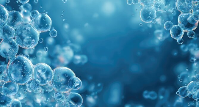 Abstract display of many translucent, spherical bubbles in shades of blue