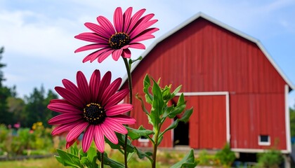 Vivid pink flowers stand prominently in front of a rustic red barn against a bright blue sky, capturing the essence of rural life. The blossoms contrast with the