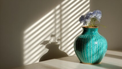 Teal vase with flowers in sunlight