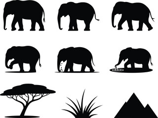 Illustrative African Wildlife Depiction featuring Silhouetted Elephants Acacia Tree Grass and Distant Mountains Creating a Striking Black and White Scene