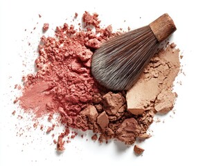 Crushed blush and brush on white background