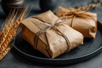 Two wrapped food items on a dark plate, with wheat sprigs