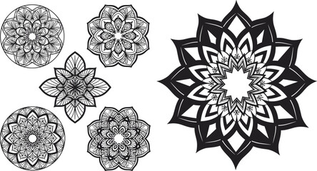 Mandala vector set, black and white floral designs, abstract decorative patterns, symmetrical geometric art, coloring page, boho tattoo elements