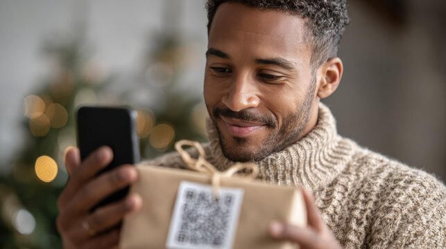 Smiling man interacting with Christmas gift featuring digital QR code while surrounded by holiday decorations