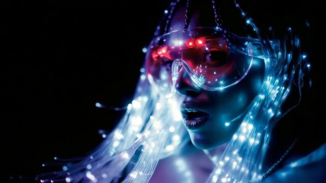 Girl in futuristic VR glasses with fiber optic hair. Dynamic footage in neon lights. Cyberpunk, technology, party.