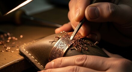 Close-up of artisan engraving intricate copper jewelry with precision tool