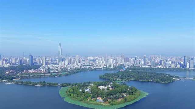 aerial view of Nanjing City downtown by the Xuanwu Lake, China