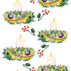 Candles, holly, pine branches, berries, baubles watercolor seamless vertical border isolated on white. Ideal for wrapping paper, festive textiles, greeting cards, invitations, holiday decor projects