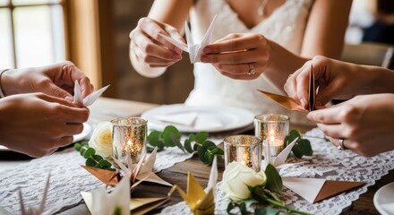 Bride and Bridesmaids Making Origami Cranes at Wedding Reception