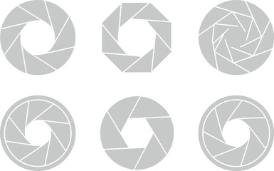 A technical collection of geometric camera aperture icons. Vector set of six isolated lens shutter diagrams on white