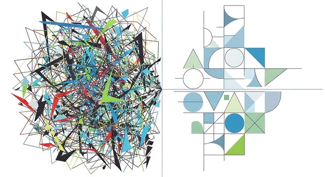 Abstract Geometric Pattern Composition Diverse Shapes and Colors - Powered by Adobe