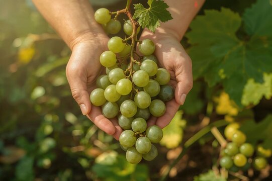Child's hands grasping a cluster of green grapes