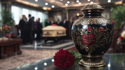Decorative funeral urn with red rose design on glass table, with casket and mourners in soft focus background, symbolizing loss, remembrance and respect.