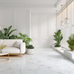 A sun-drenched, modern living room boasts a calming palette of white and gold accents, complemented by lush greenery.