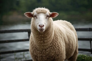 Fototapeta premium A sheep resting in its pen after grazing, being raised for the Hajj season