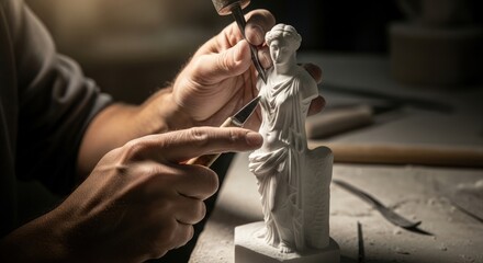 Close-up of Artist Carving a Marble Statue of a Greek Goddess with Hammer and Chisel