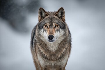 Obraz premium A solitary Grey Wolf standing amid snowy winter surroundings, gazing at the viewer