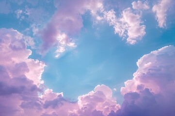 Fototapeta premium A luminous, dreamlike scene featuring pastel-colored clouds in shades of blue, pink, purple, green, and lilac beneath a celestial sky banner.