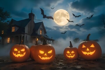 Spooky Halloween Scene: Pumpkins, Haunted House, Full Moon, Bats, Night Sky