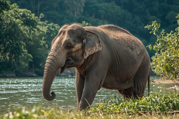 Fototapeta premium An adult Asian elephant standing by a riverbank in a natural forest habitat