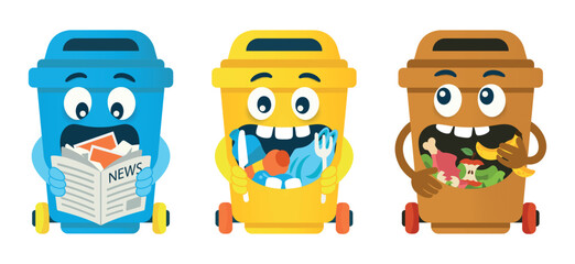 Recycling bins set - blue paper waste container, yellow plastic trash bin, brown organic bin. Vectors isolated on white background.