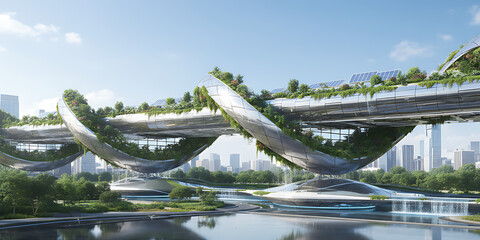 Obraz premium Futuristic City Building with Lush Greenery and Geometric Architecture